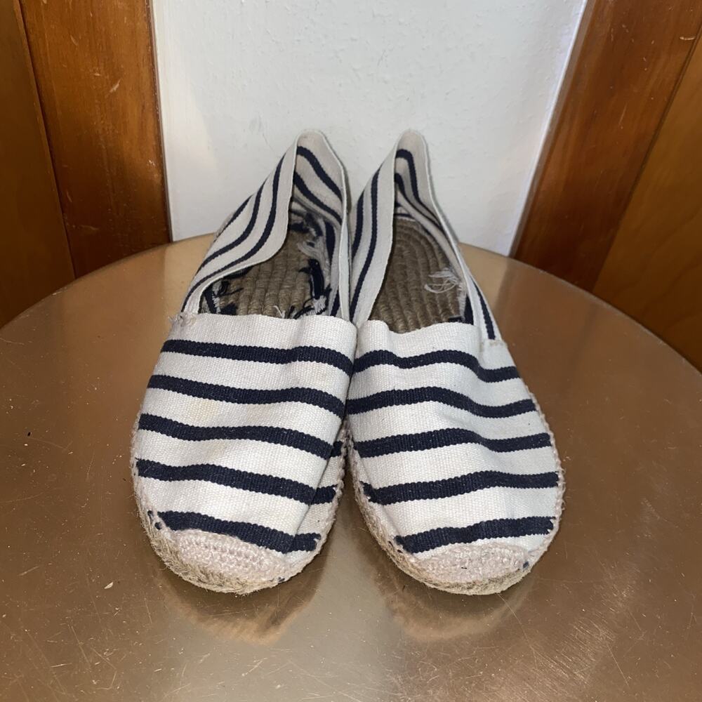 Cousu Main Spain Navy Blue Cream Striped Canvas Espadrilles Slip On Rope Sole